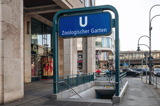 Berlin, Germany - April 23, 2026: Entrance to Zoologischer Garten U Bahn station for lines U2 and U9, with Bahnhof Zoo visible in the background.
