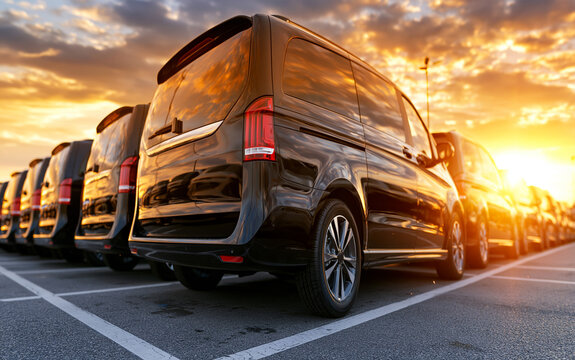 A fleet of black commercial cargo vans and VIP charter vehicles at dusk.