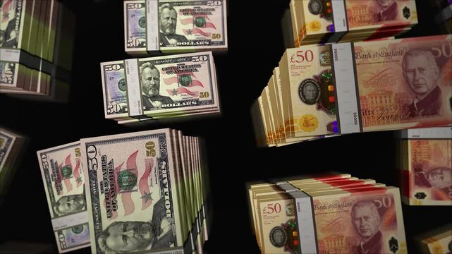 American Dollar and Great Britain pound sterling english money money exchange. Paper banknotes pack bundle. Concept of trade, economy, competition, crisis, banking and finance. Notes loop seamless.