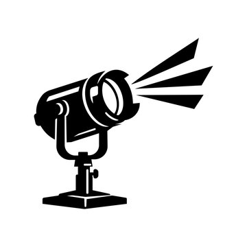 Professional studio spotlight projecting bright illumination beams for theater stage performance presented as high contrast solid black icon on transparent background