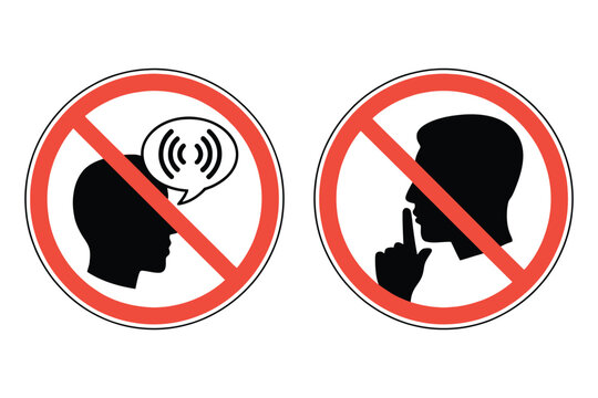 Silent please symbol, shhh and no talking person icons for quiet zone notices, silence rules, noise control, and public signage.