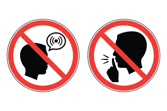 Silent please symbol, shhh and no talking person icons for quiet zone notices, silence rules, noise control, and public signage.