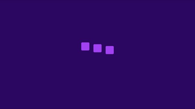 Minimalist loading animation with three pulsing purple squares on dark 4k background, progress buffer