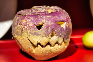 Traditional carved turnip lantern original Irish Samhain Halloween jack-o-lantern © RayBreen