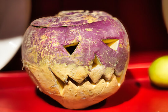 Traditional carved turnip lantern original Irish Samhain Halloween jack-o-lantern