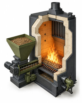 Biomass boiler refractory lining cutaway illustration