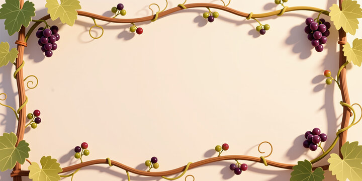 Vines wrapped around wooden poles, displaying clusters of ripe and unripe grapes, lush green leaves, curled tendrils, beige background, elegant rectangular frame.
