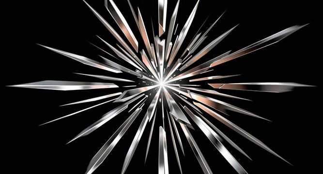 Sharp metallic starburst sculpture radiating against a black background.