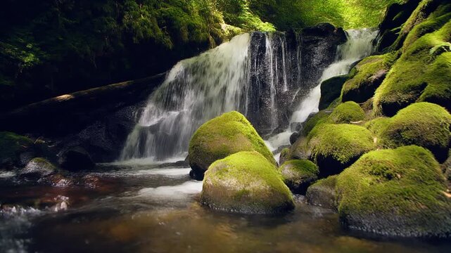 Mossy Forest Waterfall with Lush Greenery and Flowing Water