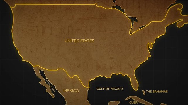 4k footage animated map of United States Mexico and surrounding Gulf regions for travel or navigation background