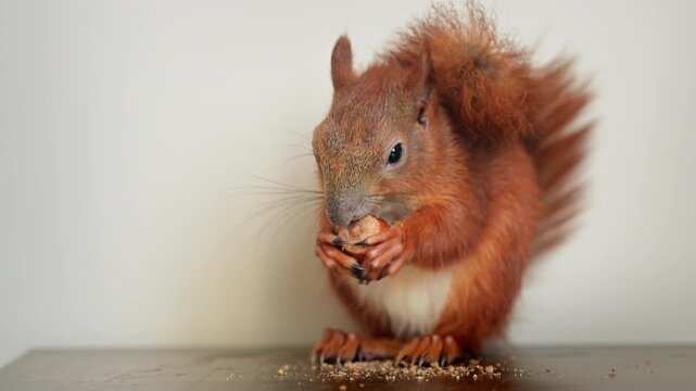 Red squirrel nibbling a hazelnut in its paws, charming side-view wildlife portrait in cinematic 4K.