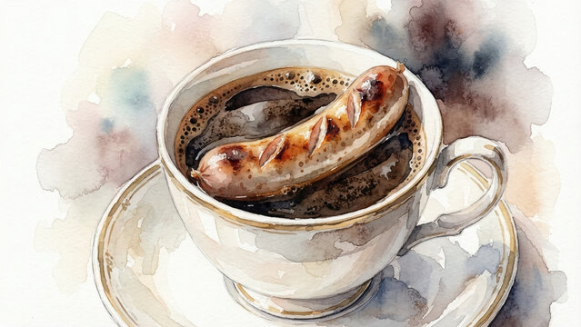 Humorous and funny concept watercolor painting of a coffee cup with a literal sausage floating in it, playing on the word Vienna coffee, a visual joke illustration.