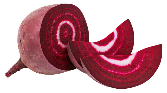 Isolated fresh beetroot whole and cut into slices, ripe organic vegetable with striped pattern
