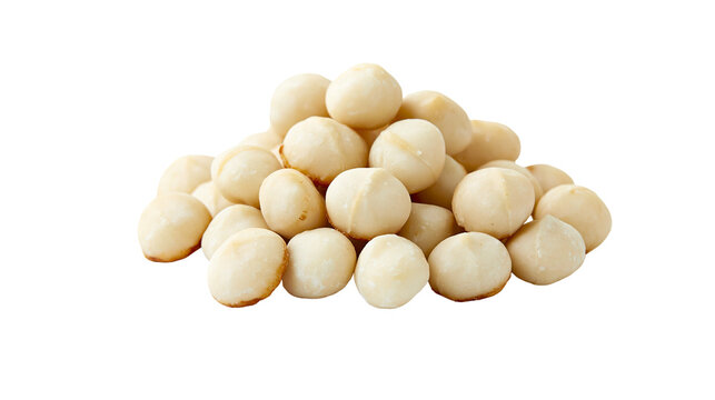 Isolated raw shelled macadamia nuts arranged in a pile, healthy and tasty food ingredient.
