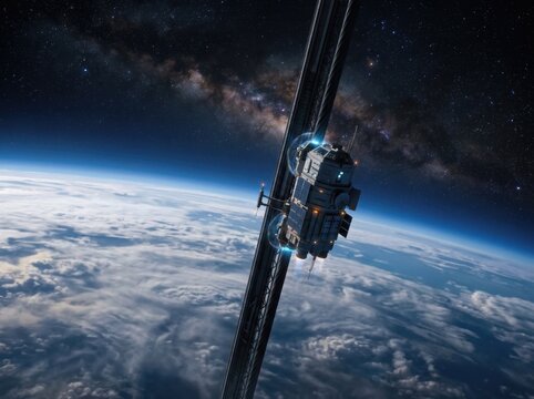 Space elevator car ascending a curved orbital tether above planet earth