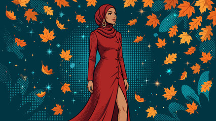 Fototapeta premium Young Muslim woman wearing hijab and red dress walking outdoors surrounded by autumn leaves