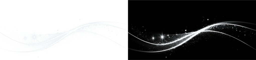 White shimmering glow, light strip with magic swirl, shimmering particles and glowing trail on transparent background PNG. © lolita PnG