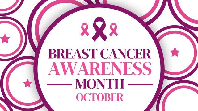 Breast cancer awareness month animation with pink ribbons rotating circles background 4k footage