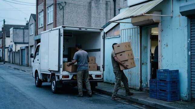 Delivery workers unloading cardboard boxes from a white truck on an