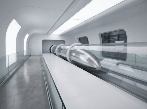 Silver hyperloop transport pod resting inside a futuristic glass vacuum tube