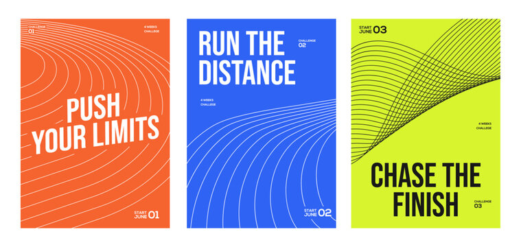 Running event poster set featuring motivational typography, bold color layouts, and fitness challenge designs for races, marathons, sports promotions, cover, banner, ads, and social media campaigns