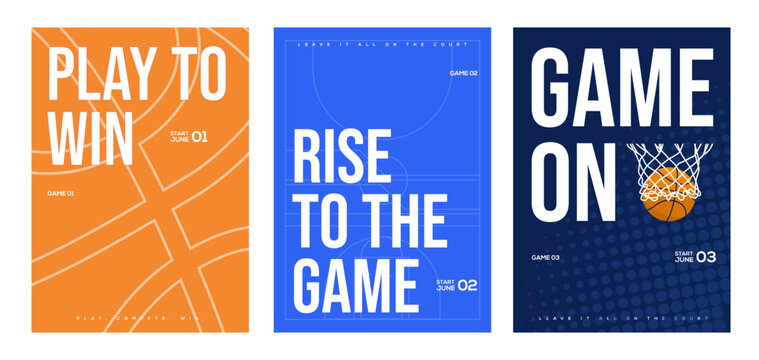 Basketball tournament dynamic poster template set featuring bold typography, court graphics, basketball hoop artwork, and modern layouts for tournaments, games, training events, sports promotions.
