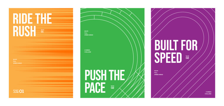 Abstract running race poster designs featuring dynamic speed lines, curved track graphics, and endurance challenge designs for marathons, running events, fitness campaigns, and sports promotions.