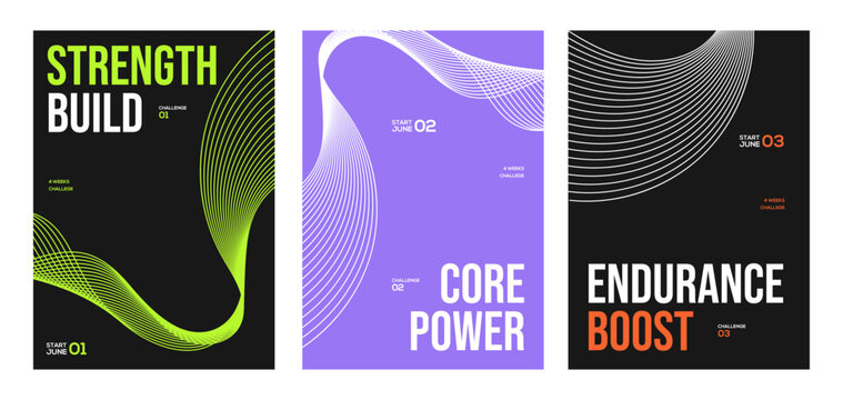 Fitness challenge poster set featuring bold typography, flowing line graphics, and strength, core, and endurance themes for workout programs, gym promotions, training events, and social campaigns.