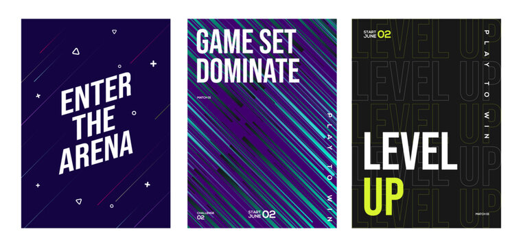 Esports gaming poster set featuring bold typography, neon abstract line graphics, competitive arena themes, level up concepts, modern layouts for tournaments, gaming events, and streaming promotions