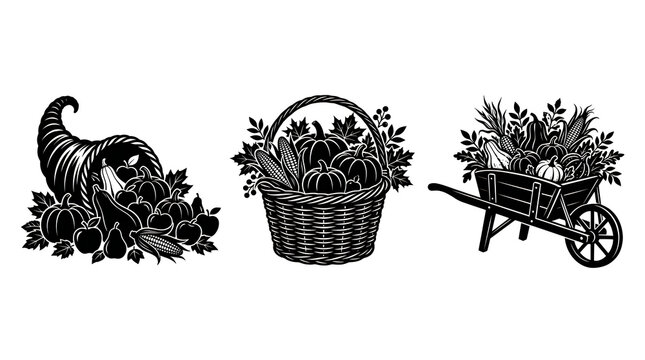 Black silhouettes of autumn harvest cornucopia basket and wheelbarrow on white
