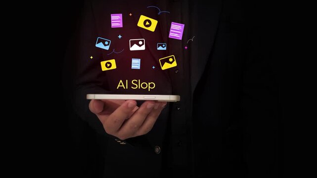 Man holding smartphone with AI Slop text and floating digital shapes on black isolated backdrop, 4k footage