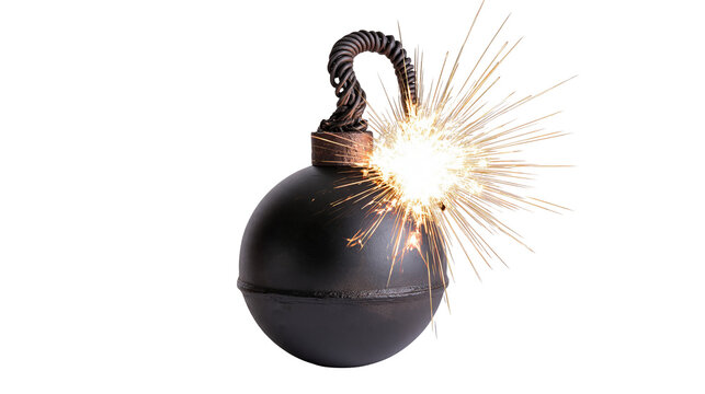 Isolated classic black spherical bomb with a lit fuse, bright sparks, and impending explosion