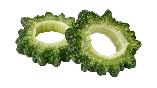Isolated sliced bitter melon, fresh green organic bitter gourd, healthy Asian vegetable