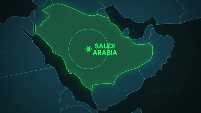 Saudi Arabia digital map highlighted with glowing outline and radar effect blinking circle, close up 4k footage background
