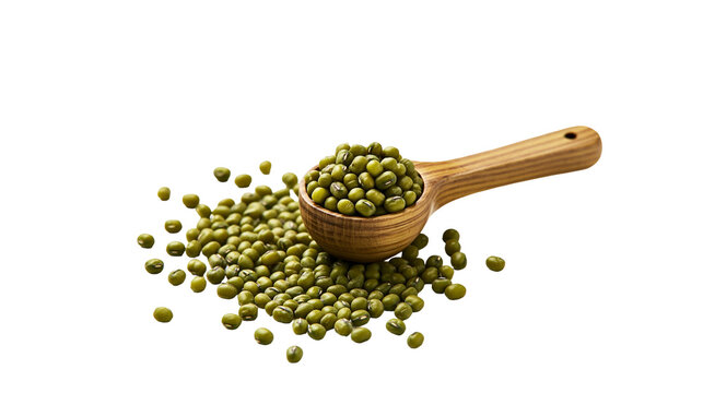Isolated raw organic green mung beans ingredient in a wooden spoon with some scattered around