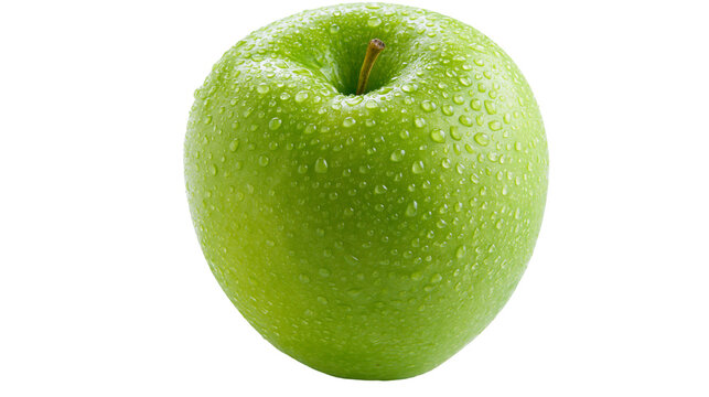 Isolated fresh green Granny Smith apple with sparkling water drops, healthy fruit