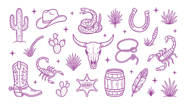 Collection of wild west themed featuring a cowboy hat, sheriff star, cactus, scorpion, snake, and boots in purple line