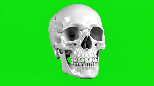 Anatomical human skull model with detailed bone structure against green studio background