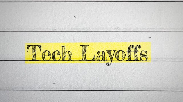 Tech layoffs text animation with yellow highlight on lined paper background 4k footage