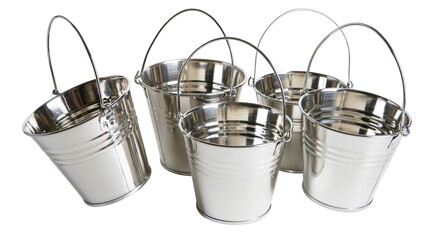 Isolated group of six shiny metal buckets with handles, small pails for various uses © Vincent