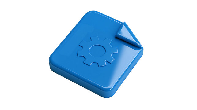 Isolated blue file icon with gear symbol representing technical settings, engineering, and configuration