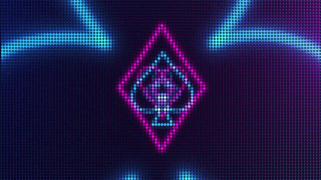 Luxury neon casino royal background. Dark abstract banner. Vip backdrop with neon poker card suits. Copy space for grand casino logo or title text. Online betting and jackpot win concept