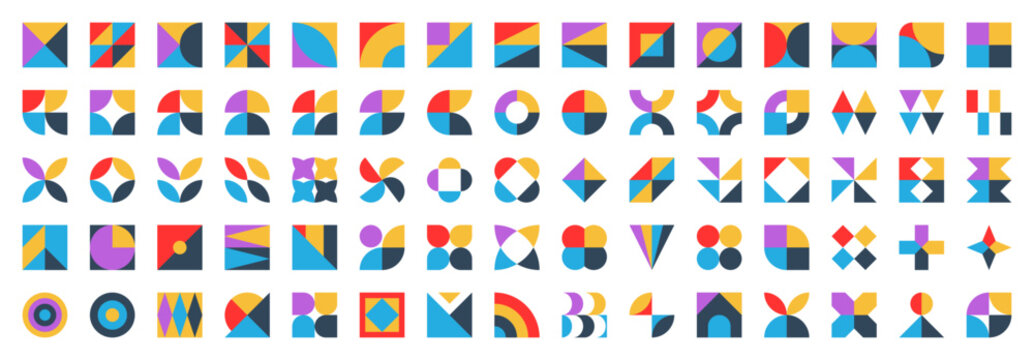 Abstract minimalist geometric shape pattern design elements. Contemporary building blocks, modern graphic symbol grid, primitive form layout, flat style simple geometry icons