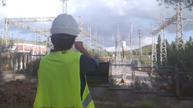 Electrical engineer using a laptop computer for monitoring the high voltage power grid at an electrical substation while gesturing with her fist in the air for victory