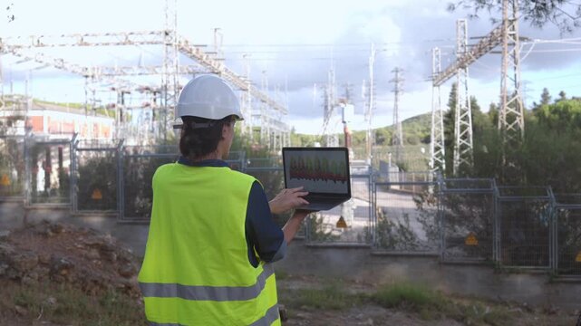 Female engineer in safety gear monitoring an electrical substation with a laptop, managing data and pointing at high-voltage power lines for inspection and maintenance