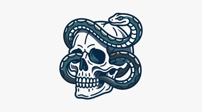 Vintage tattoo style illustration of a human skull with a patterned snake weaving through the eye sockets and jaw, isolated on a white background in a retro hand-drawn aesthetic.