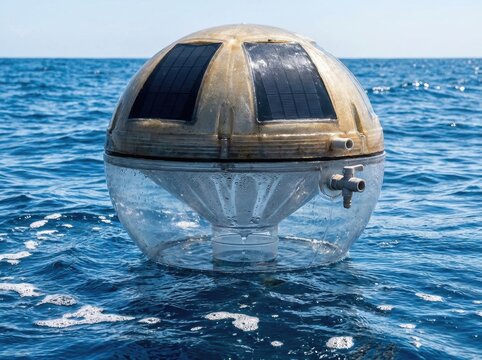 Floating solar powered desalination sphere generating freshwater at sea