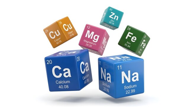 Floating Periodic Table Element Cubes Sodium Calcium Magnesium Iron Copper and Zinc with Atomic Numbers and Weights