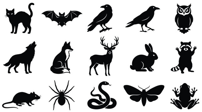 Animal silhouettes set featuring various wildlife icons including a cat, bat, owl, wolf, and spider on a white background.
