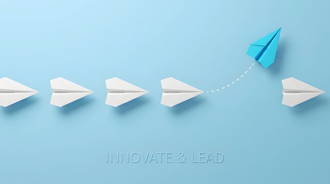 Blue paper airplane leads a line of white paper airplanes symbolizing innovation leadership and individuality against a light blue background.